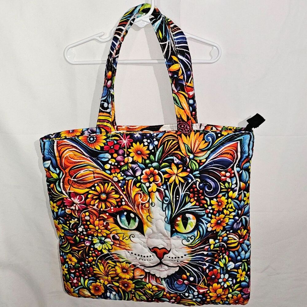 NWOT Quilted Psychedelic Cat Floral Art Tote Bag 17" x 15"
